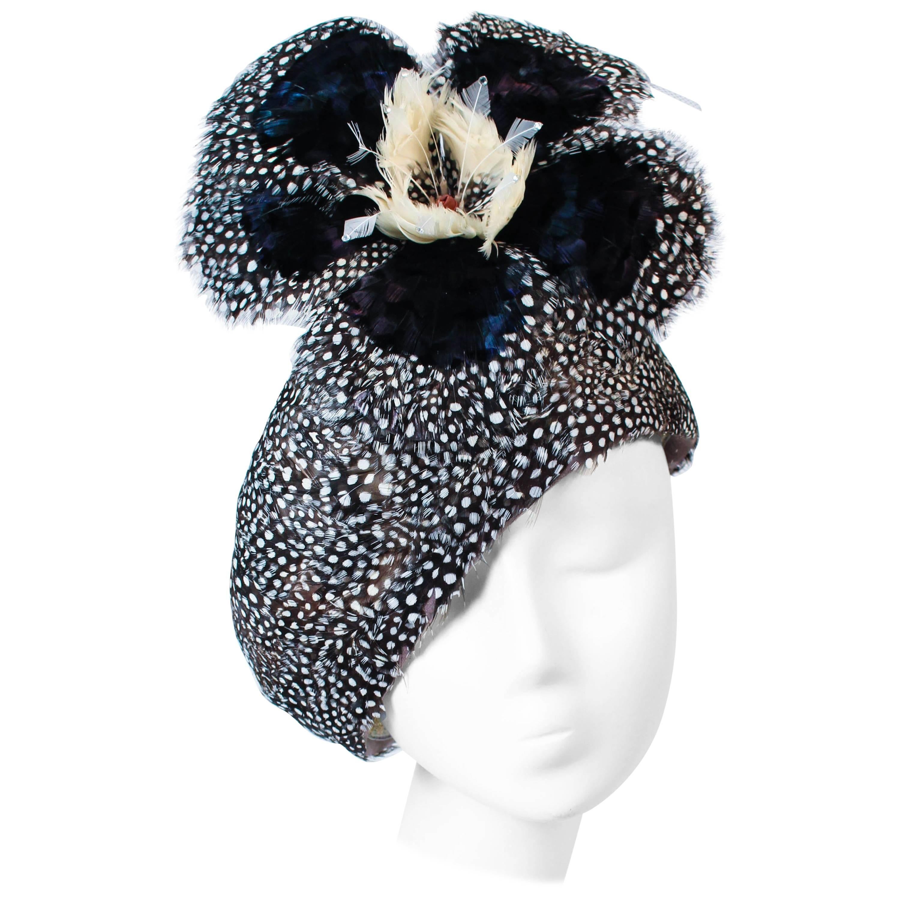 JACK MCCONNELL Navy & Oatmeal Spotted Feather Hat with Rhinestones 