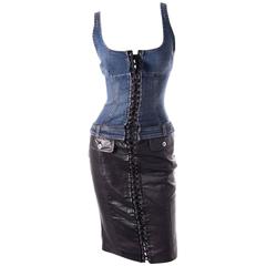 Dolce and Gabanna D&G Vintage Pleather and Denim Lace Up Dress