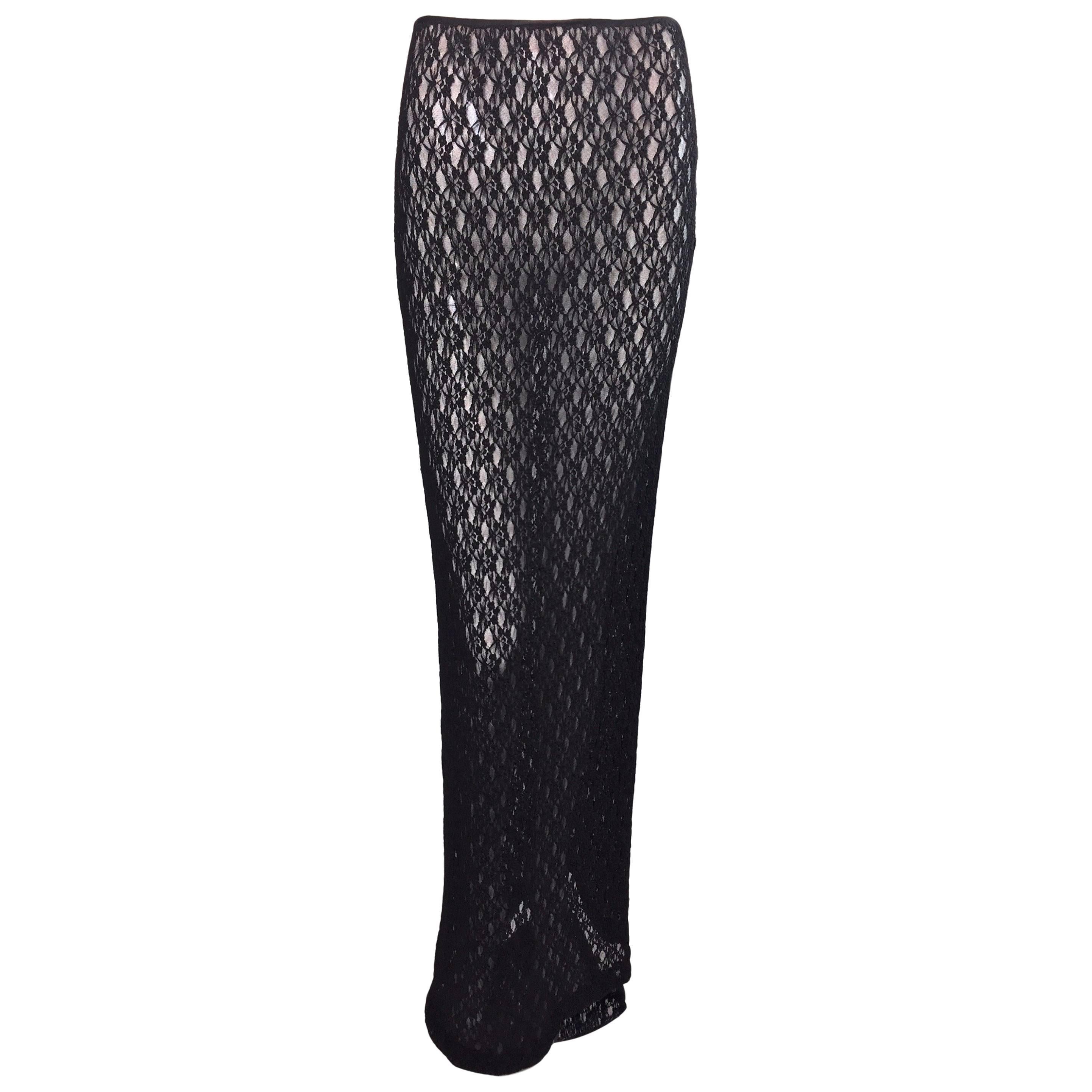 C. 1997 Dolce & Gabbana Sheer Mesh Lace Long Black Wiggle Skirt 40