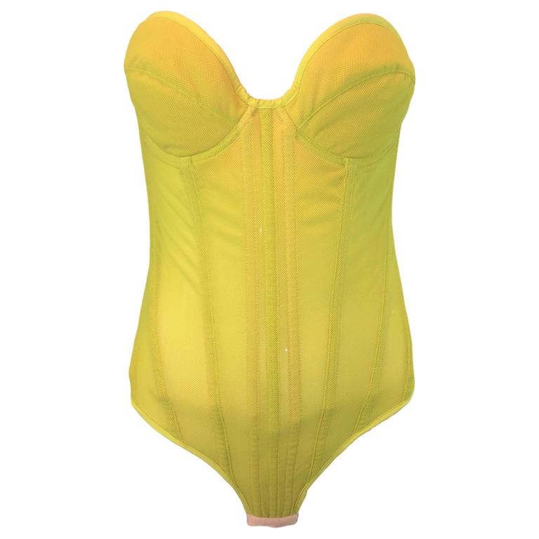 C. 2002 Roberto Cavalli Green Sheer Mesh Strapless Bustier Bodysuit at  1stDibs  yellow corset bodysuit, green bodysuit strapless, green strapless  corset bodysuit