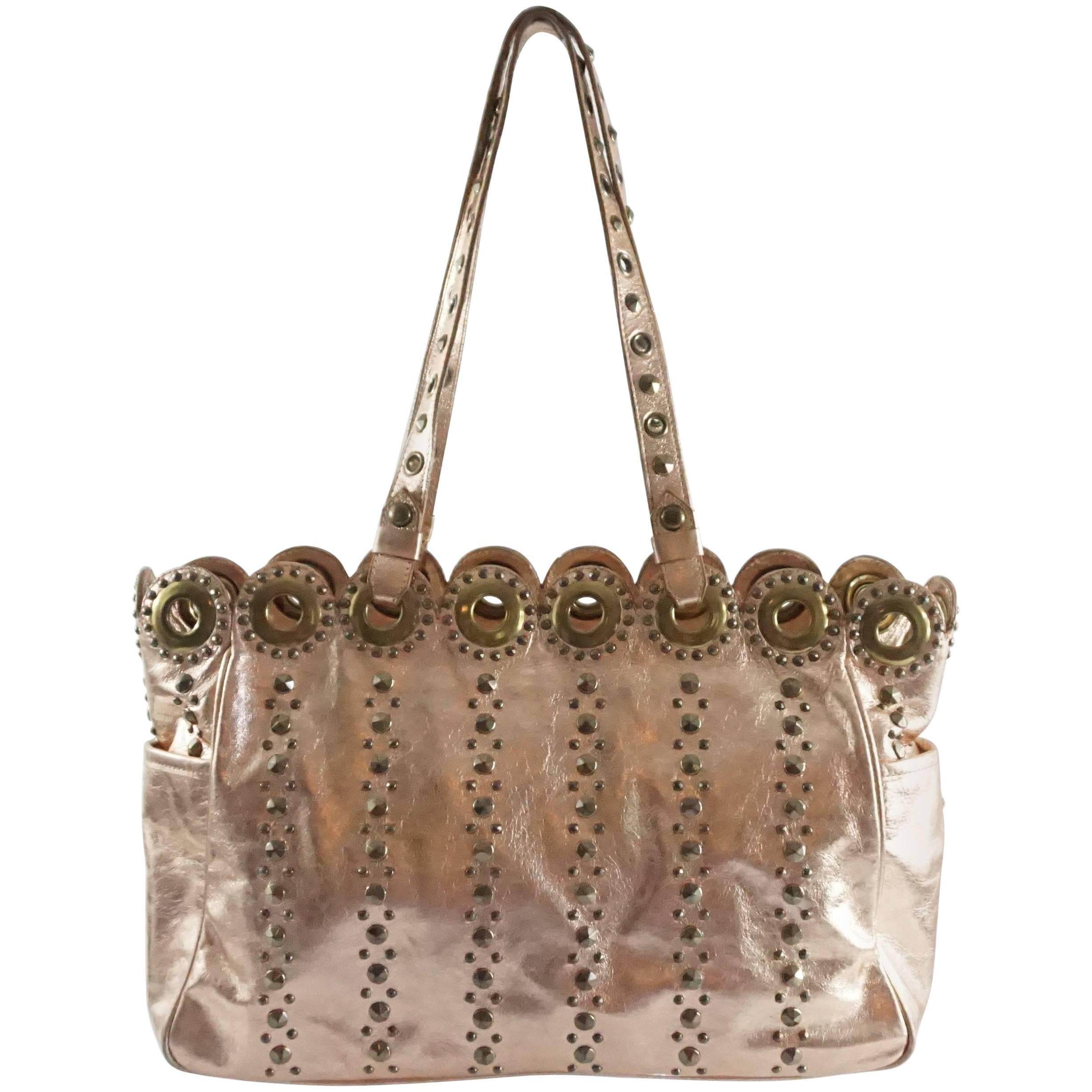 Isabella Fiore Rose Gold Leather Bag with Grommets  For Sale