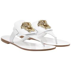 New VERSACE Palazzo white leather flat thong sandals