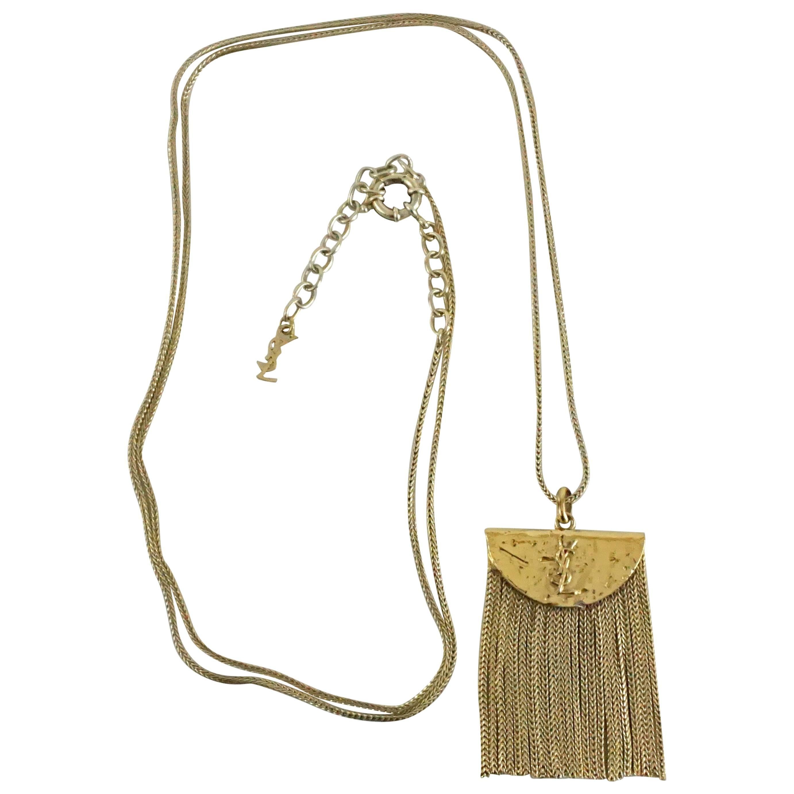 Yves Saint Laurent Golden Brass Fringe Pendant Long Necklace