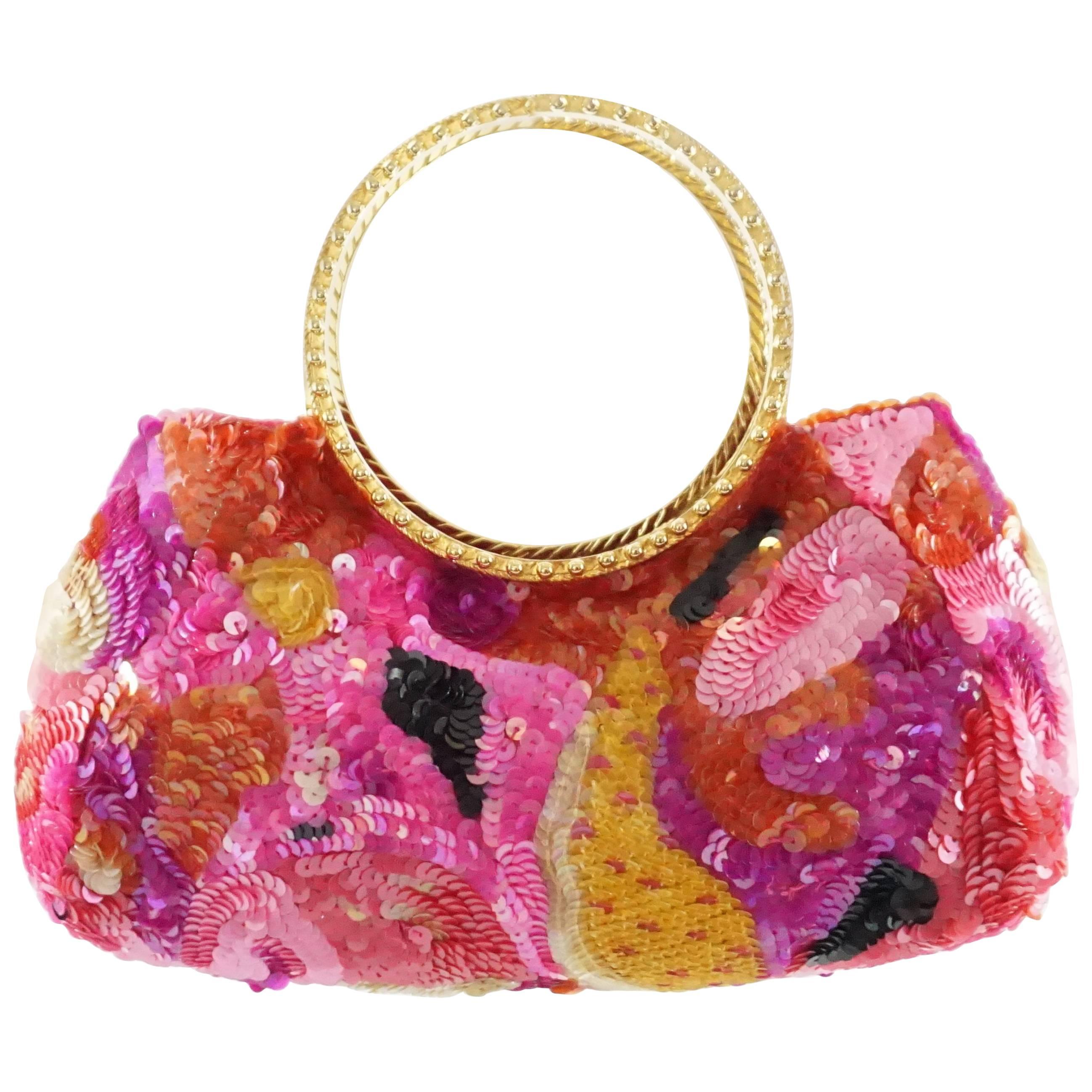 Badgley Mischka Pink and Red Sequin Evening Bag with Gold Handles