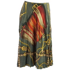 Ralph Lauren Olive Green Pleated Silk Skirt with Multicolored Design - 4 5