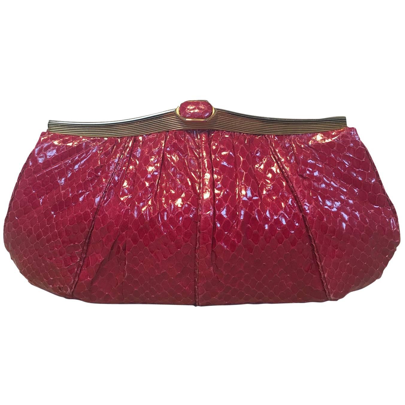 Judith Leiber Vintage Maroon Rose Snakeskin Clutch 