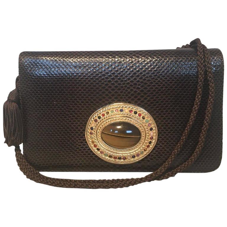 Judith Leiber Brown Lizard Leather Tiger Eye Stone Detail Clutch