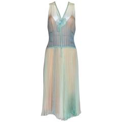 Chanel Fairytale Seafoam Ensemble Ombre Plissee Dress, Camellia Brooch &Cardigan 2