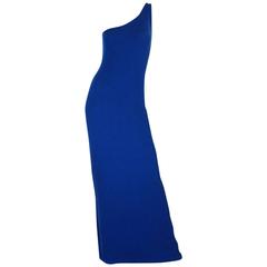 Museum Held 1977 Halston Blue Cashmere One Shoulder Dress