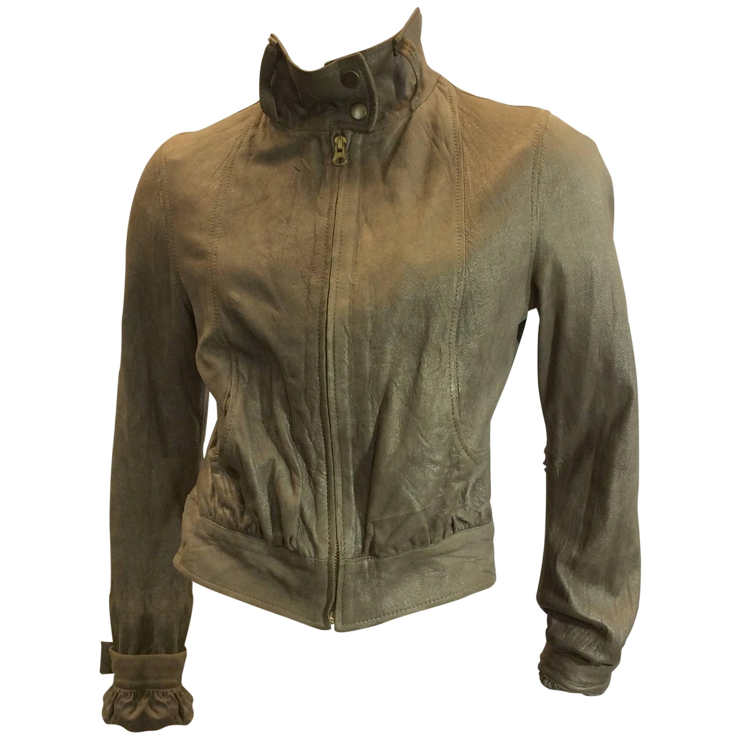 Mike & Chris Taupe Leather Jacket With Neck Scarf For Sale