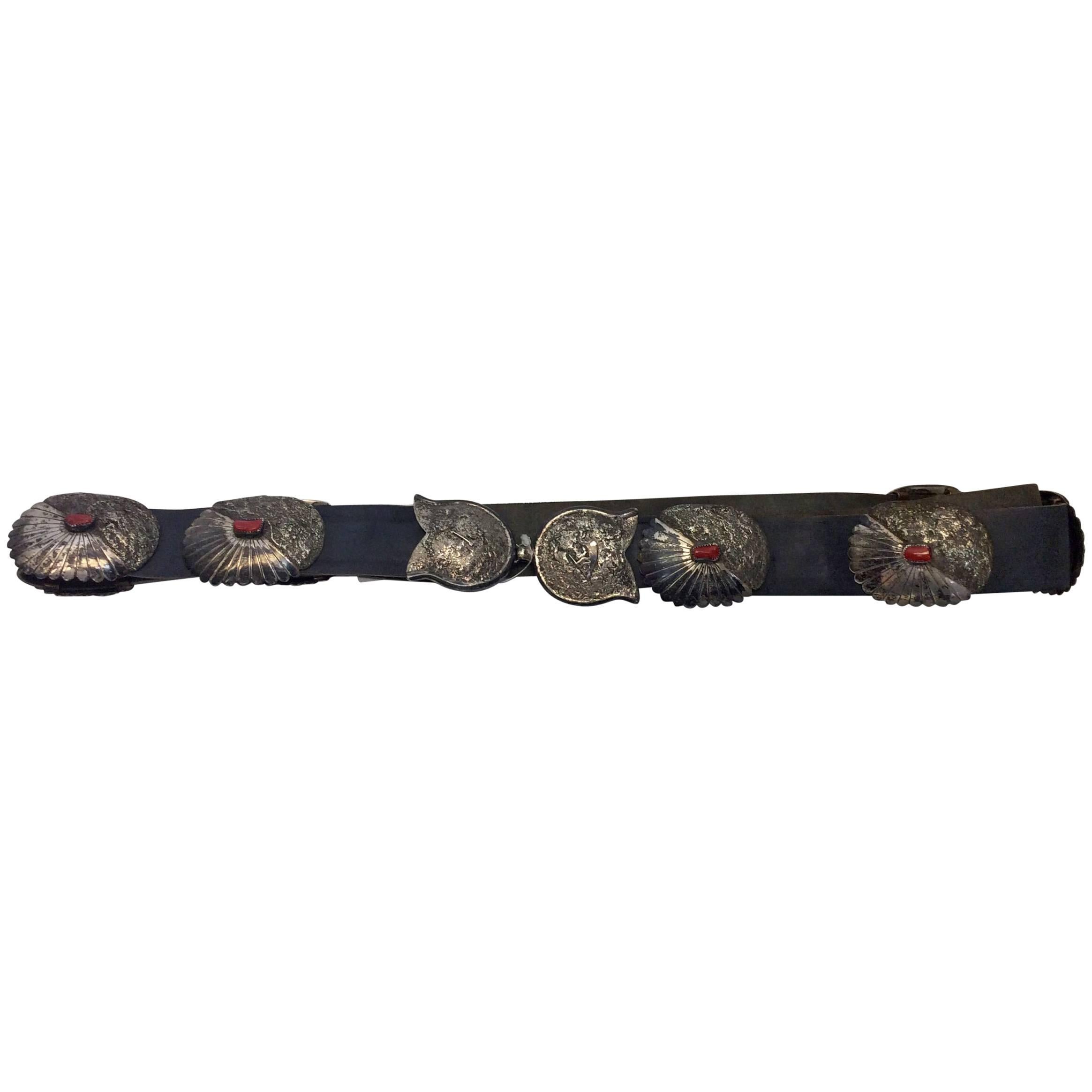 Sterling Silver Conch Black Leather Belt With Red Beading