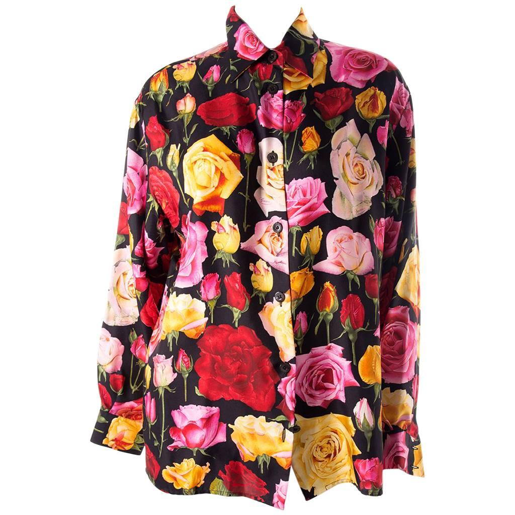 Gucci Rose Print Floral Silk Shirt
