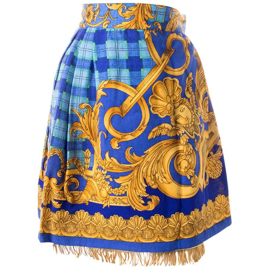 Gianni Versace Baroque Print Gold Fringe Skirt For Sale