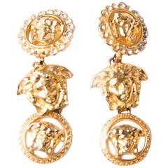 Retro Gianni Versace Medusa Head Rhinestone Drop Earrings