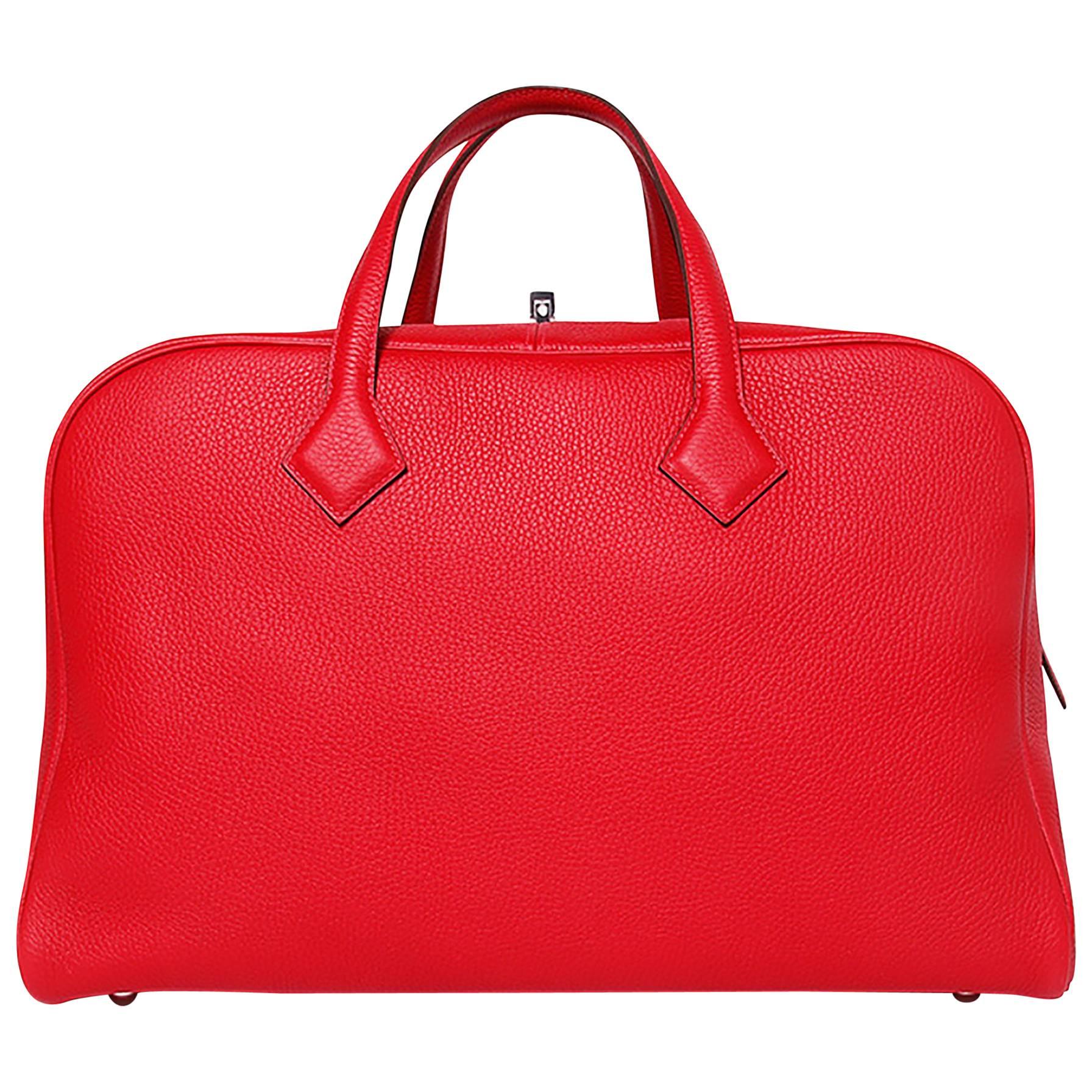 Hermes Tote Bag Victoria II 43 T. Clemence Leather Red Color PHW