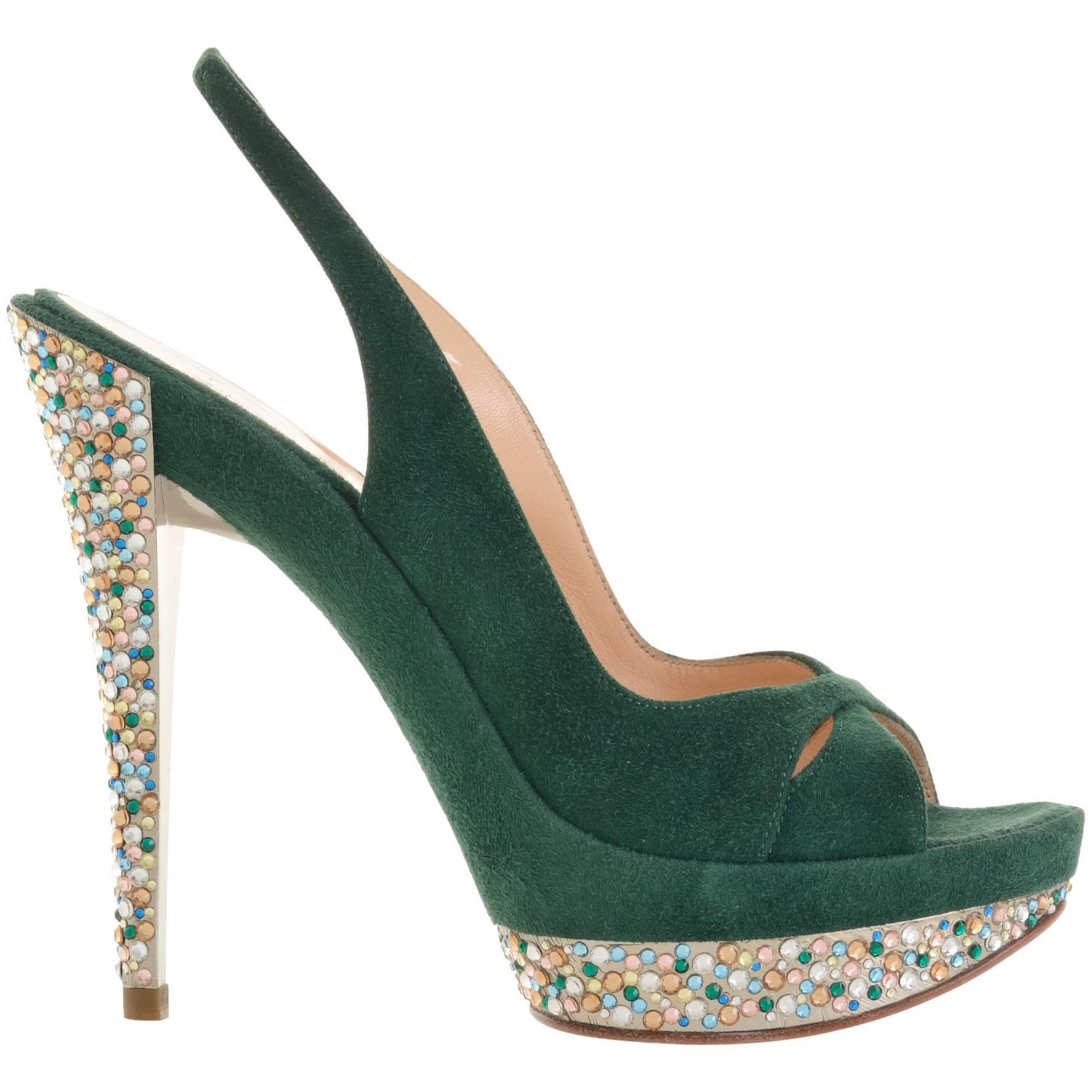 CASADEI Green Suede Open-Toe Platform Slingback Heels w/ Swarovski Crystals