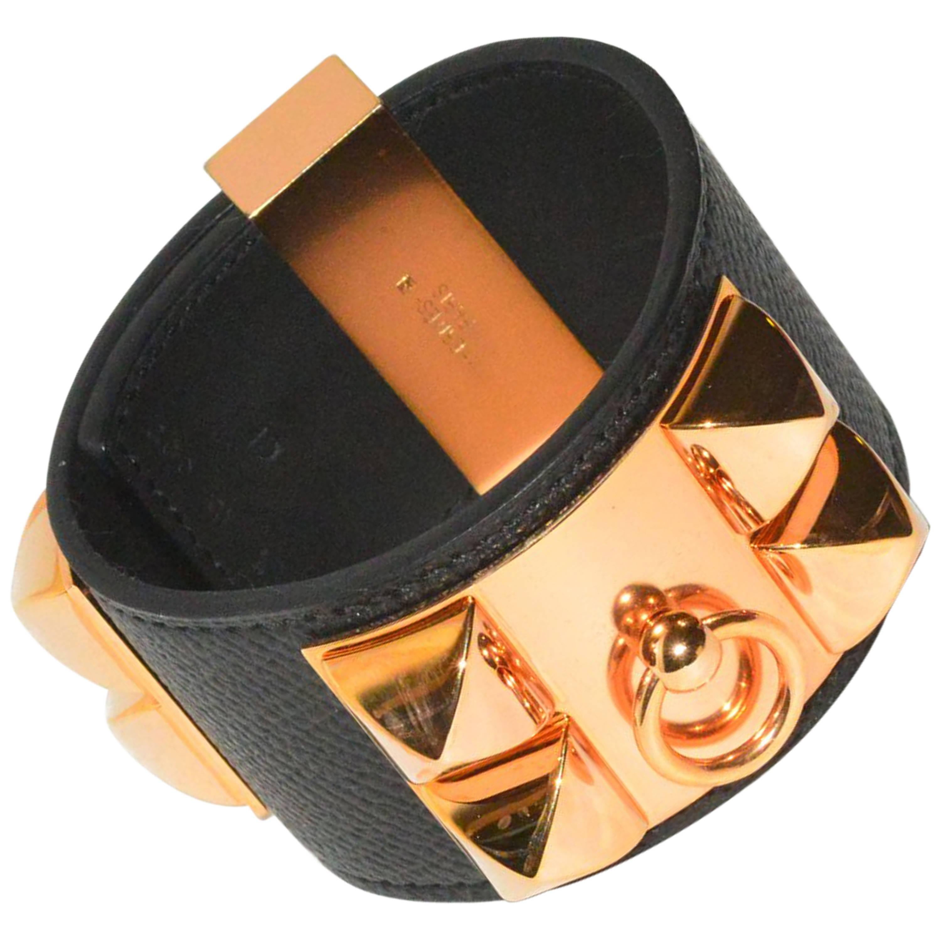 Iconic Hermes Pink Gold Collier de Chien bracelet with Black Leather