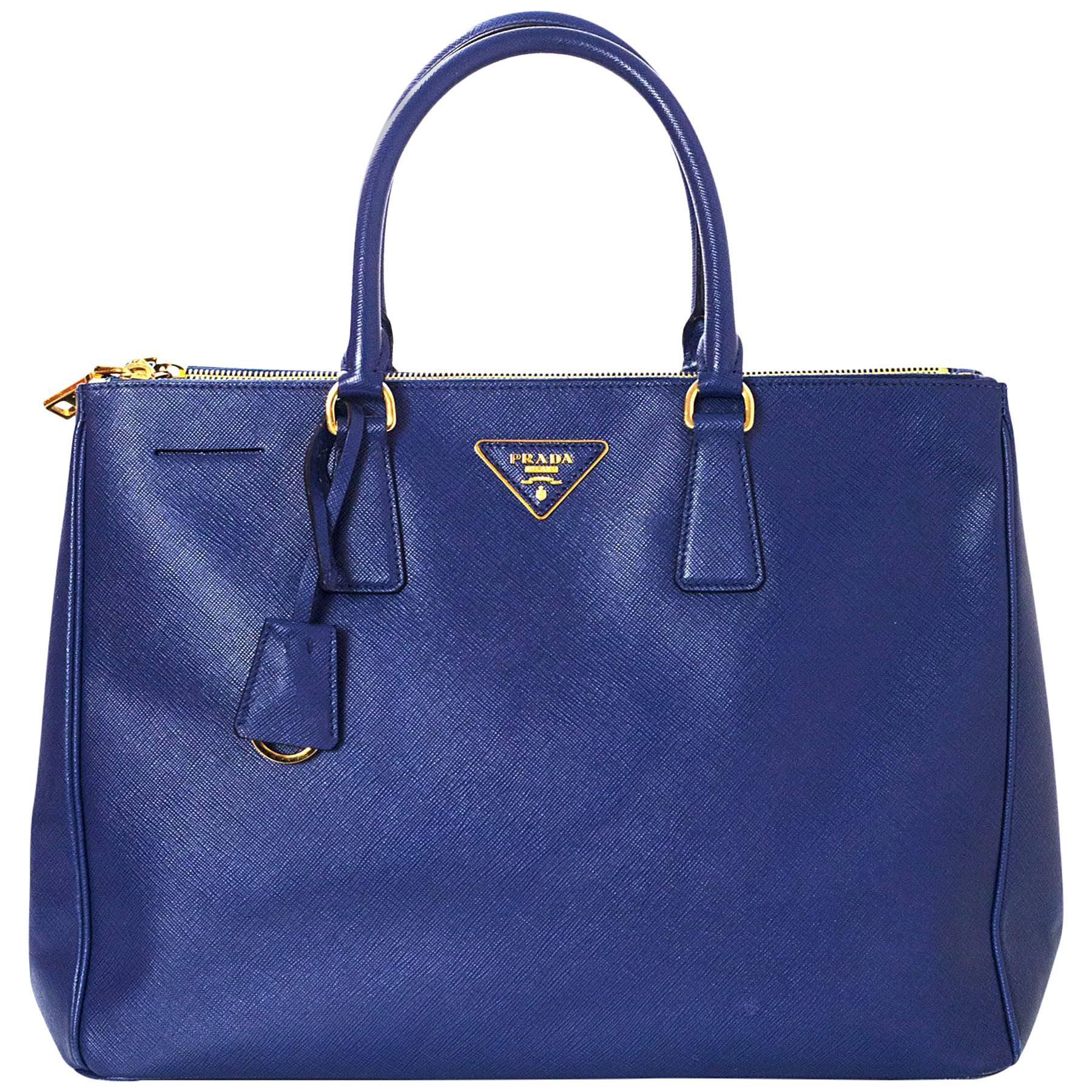 Prada Blue Saffiano Lux Double Zip Tote Bag with GHW