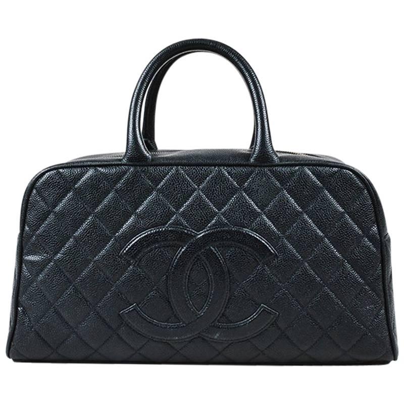 Chanel Black Caviar Leather Quilted 'CC' Top Handle Bowler Bag For Sale