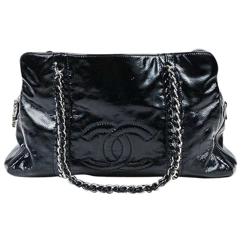 Chanel "Luxe Ligne" Black Patent Leather Chain Strap Shoulder Tote Bag For Sale