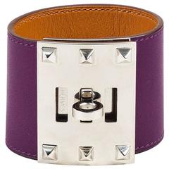 Hermes "Ultraviolet" Purple Swift Leather & Palladium "Kelly Dog" Cuff SZ S 3