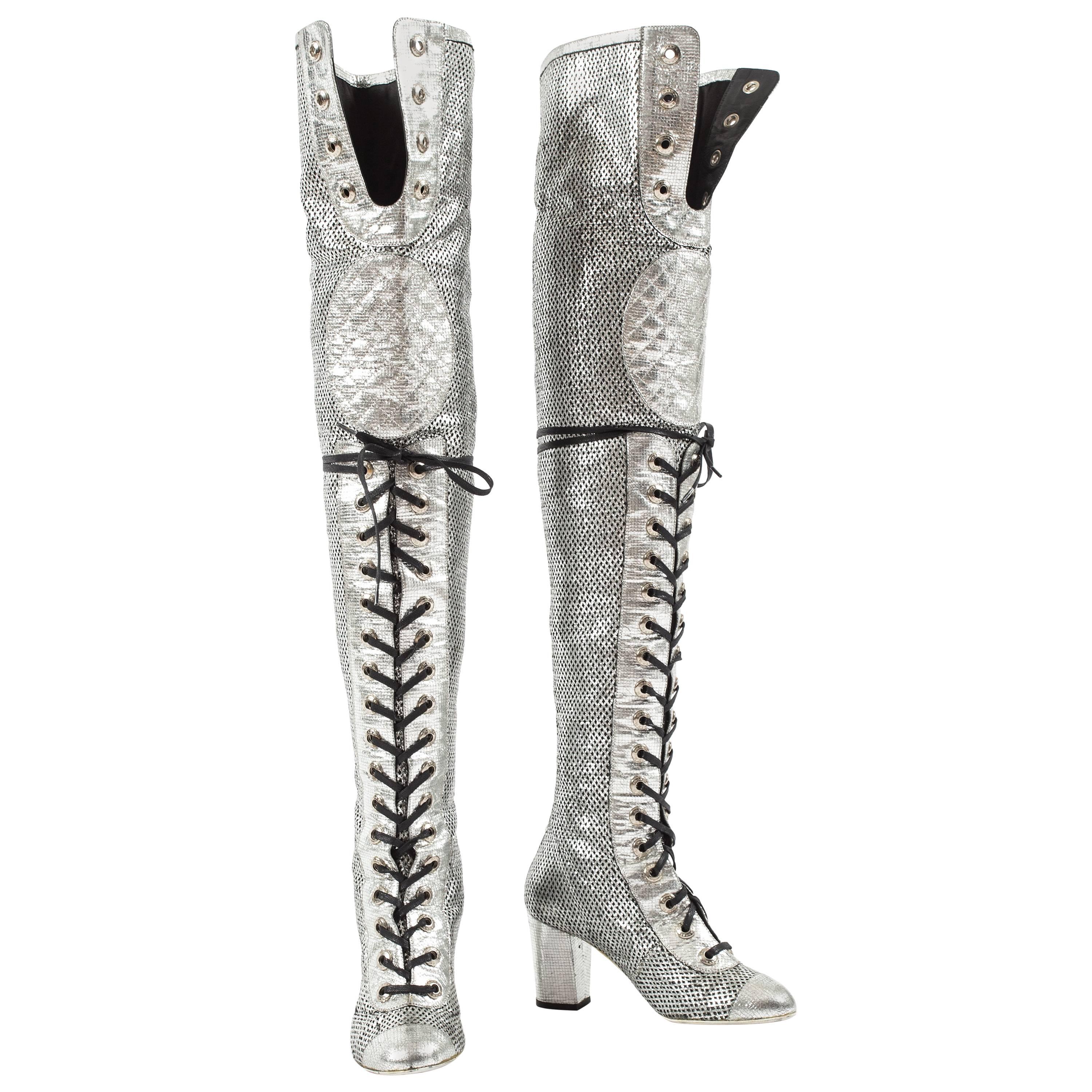 CHANEL 18B Laminated Leather Metal Heel Ankle City Boots Booties Silver  $1200