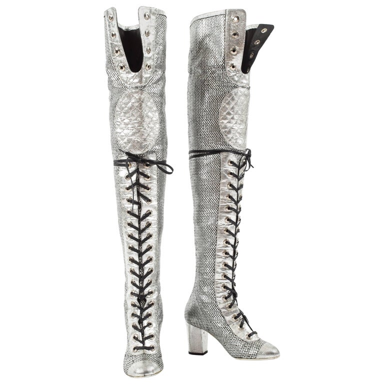 Chanel Spring-Summer 2008 metallic silver thigh high laser cut leather boots  at 1stDibs