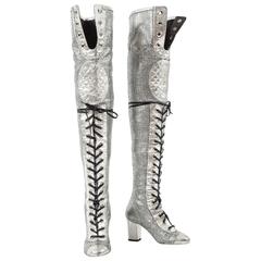 Chanel Spring-Summer 2008 metallic silver thigh high laser cut leather boots 12