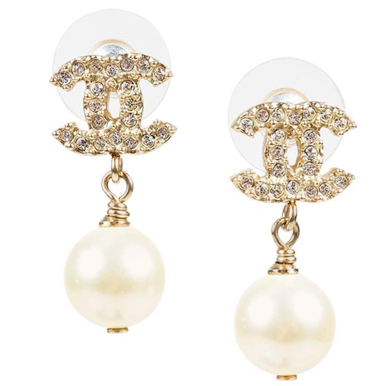 Chanel Gold Tone Faux Pearl Crystal Embellished 'CC' Drop Earrings For