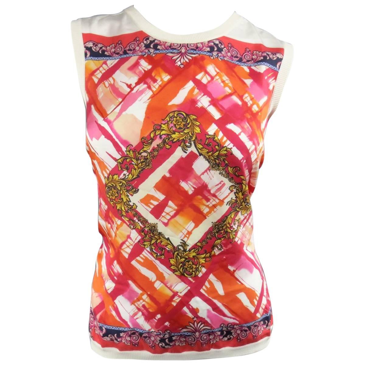 VERSACE Size 8 Pink Orange & Cream Print Silk / Cotton Vest