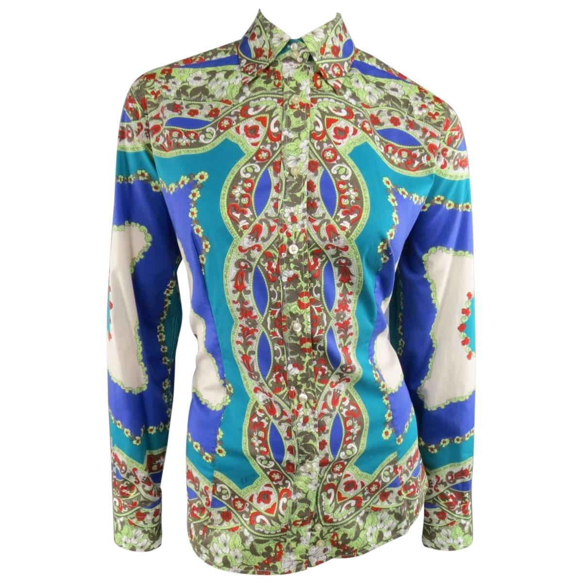 ETRO Shirt, Top, Blouse - Size 14 Blue & Green Floral Bandana Print Cotton
