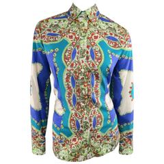 ETRO Size 14 Blue & Green Floral Bandana Print Cotton Blouse 4