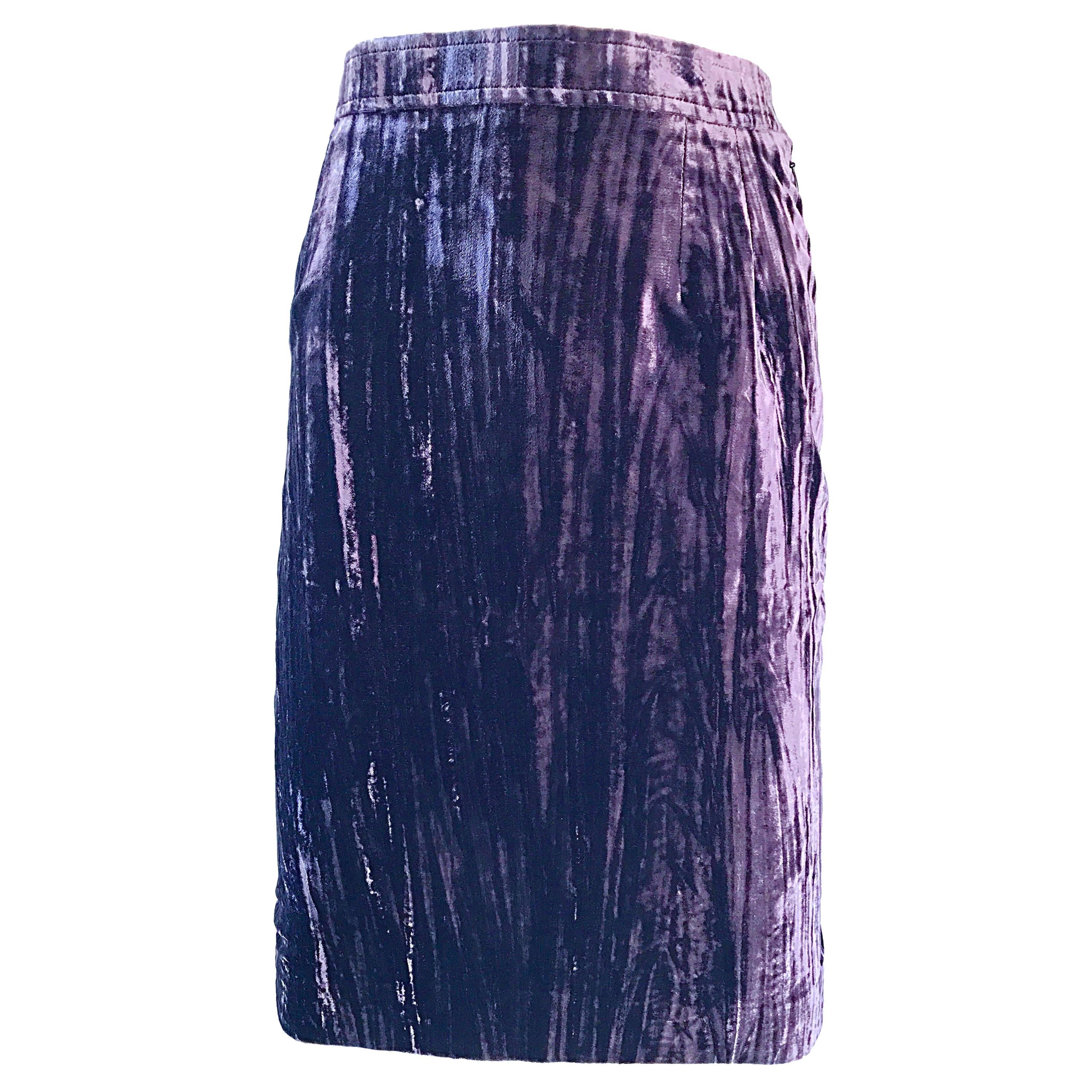 Vintage YSL Yves Saint Laurent RIve Gauche 1990s Crushed Velvet 90s Pencil Skirt