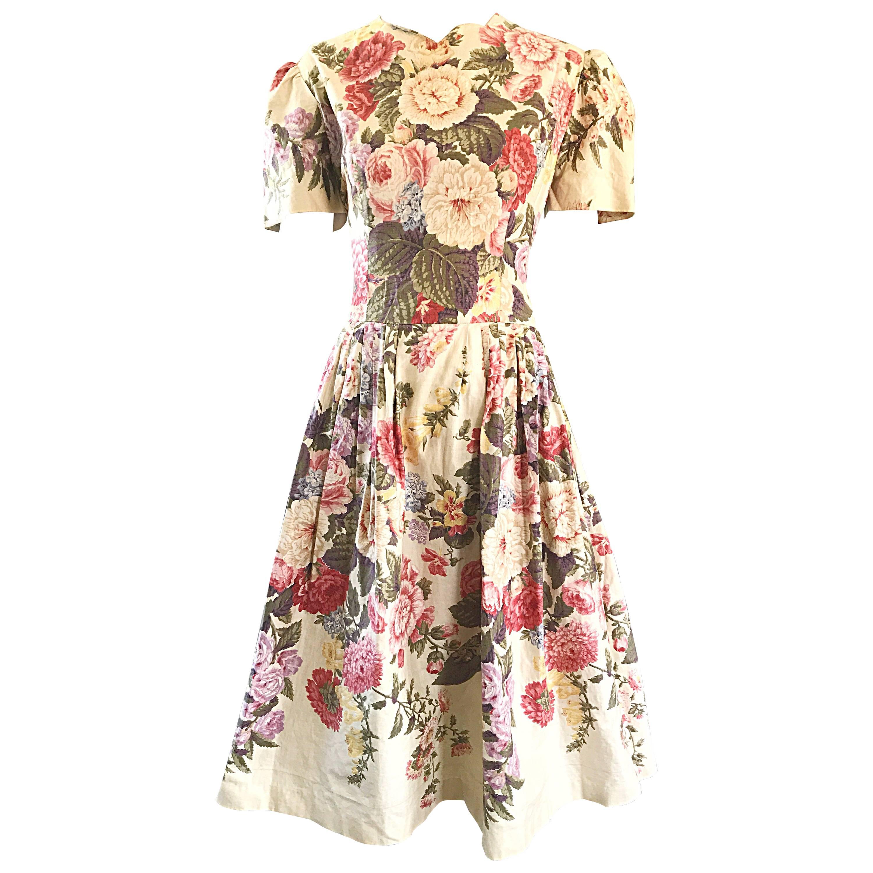 Beautiful 1980s does 1950s Hand Painted Floral Puff Sleeve Vintage 80s Dress