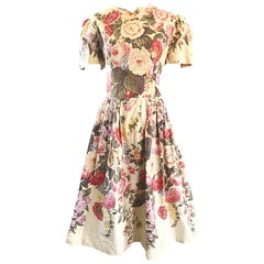Beautiful 1980s does 1950s Hand Painted Floral Puff Sleeve Vintage 80s Dress