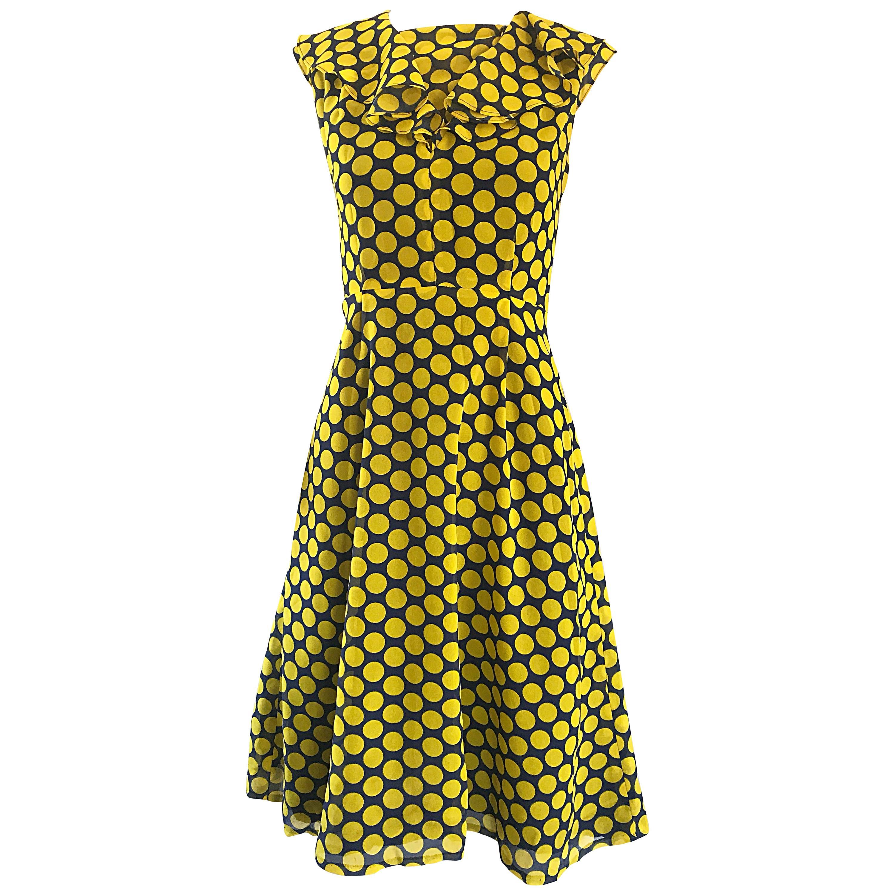 Chic 1970s Yellow and Navy Blue Polka Dot Chiffon A - Line Vintage 70s Day Dress