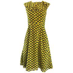 Chic 1970s Yellow and Navy Blue Polka Dot Chiffon A - Line Vintage 70s Day Dress 7
