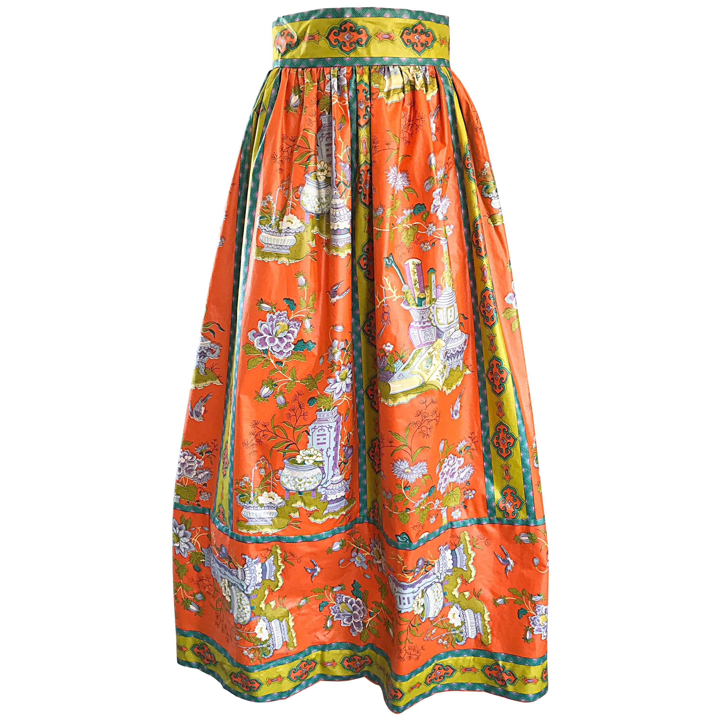 Rare 1970s Oriental Asian Themed Waxed Cotton Orange Vintage 70s Maxi Skirt 