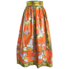 Rare 1970s Oriental Asian Themed Waxed Cotton Orange Vintage 70s Maxi Skirt