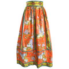 Rare 1970s Oriental Asian Themed Waxed Cotton Orange Vintage 70s Maxi Skirt 9