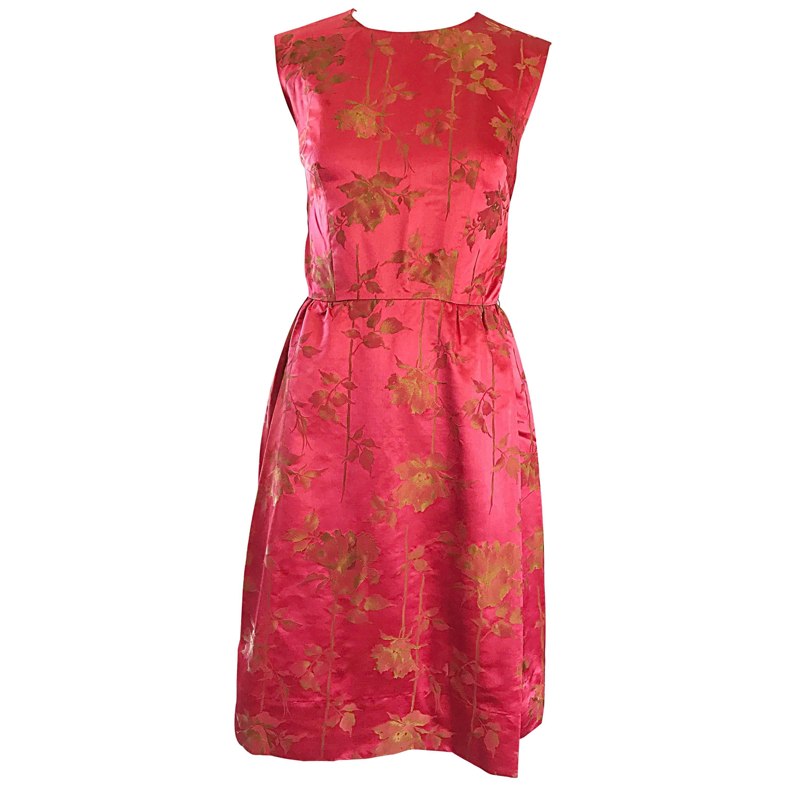 1950s Dynasty I Magnin Raspberry Red Gold Flowers Silk Satin Vintage 50s Dress For Sale