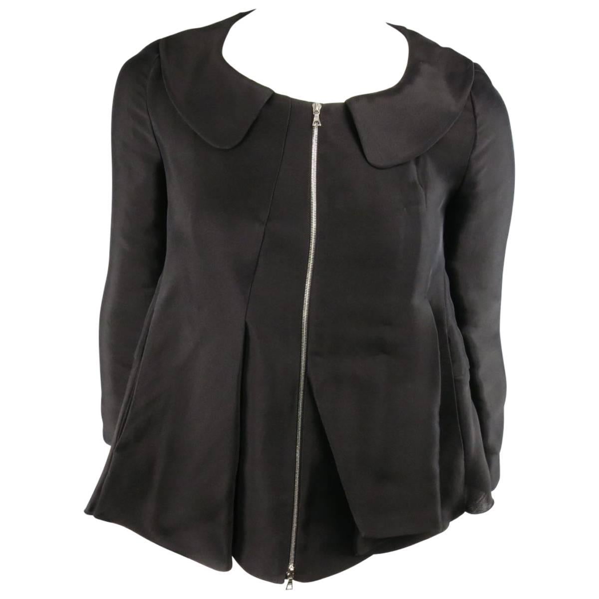 MARNI Size 2 Black Silk / Linen Asymmetrical Pleated A Line ZIp Jacket