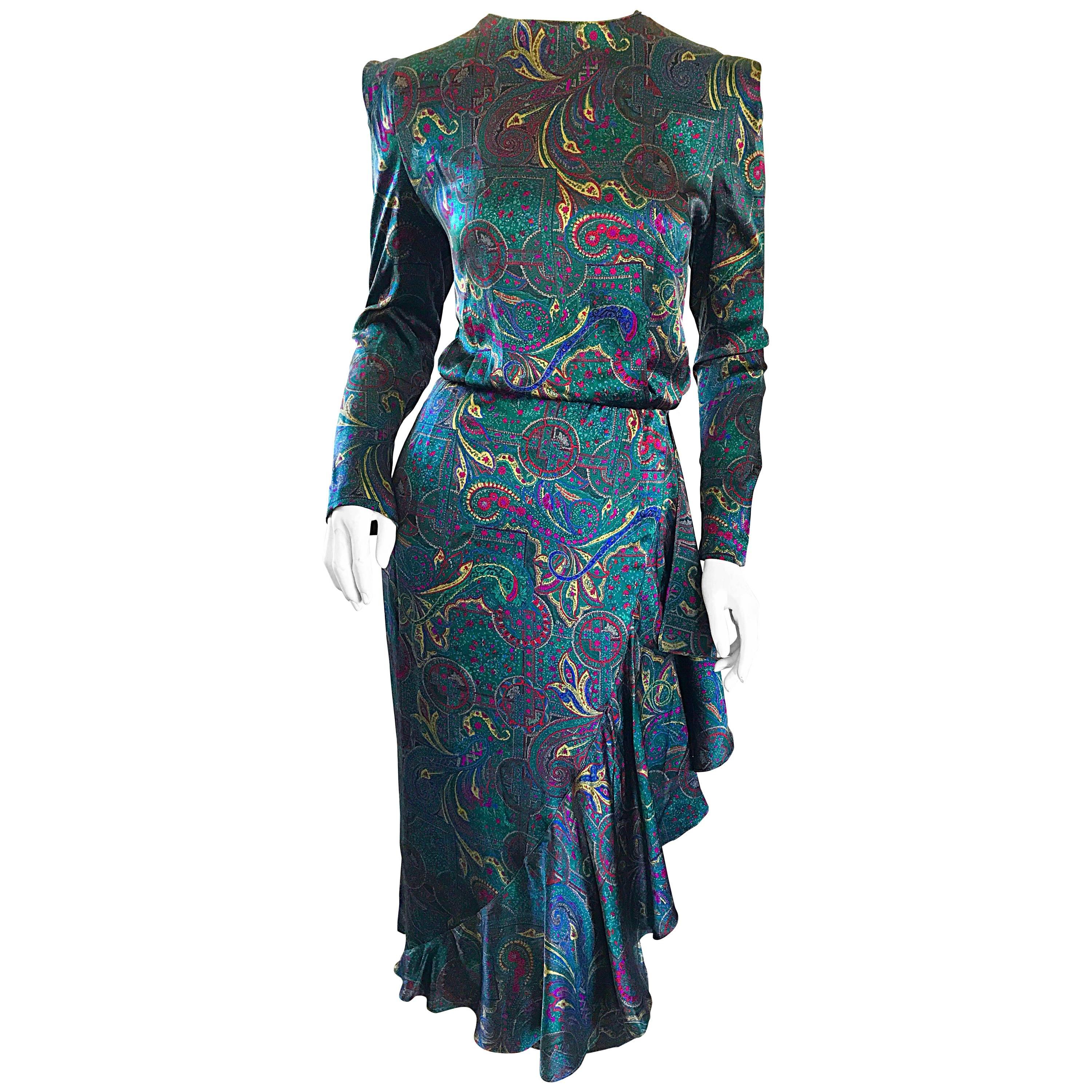 Louis Feraud Pretty Vintage Jewel Tone Size 4 Paisley Silk Long Sleeve Dress 