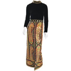 Amazing 1960s Pat Sandler Long Sleeve Paisley Gold Sequin Vintage 60s Maxi Dress