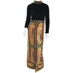 Amazing 1960s Pat Sandler Long Sleeve Paisley Gold Sequin Vintage 60s Maxi Dress 8