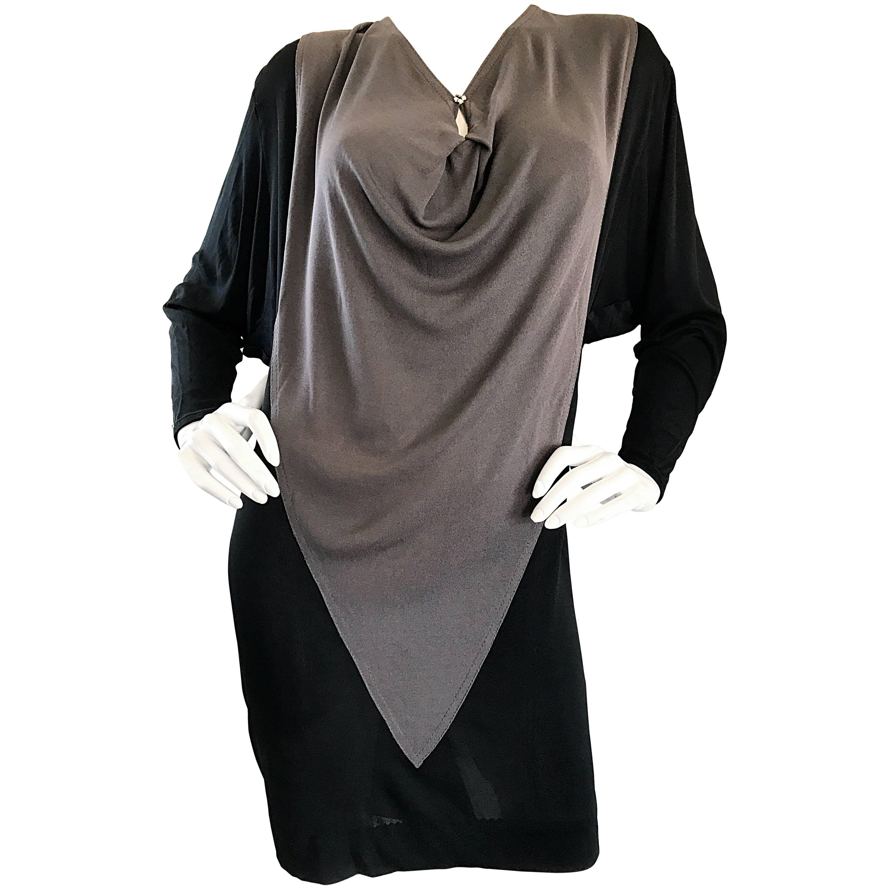 1990s C.D. Greene Black and Gray Colorblock Dolman Sleeve Vintage Jersey Dress For Sale