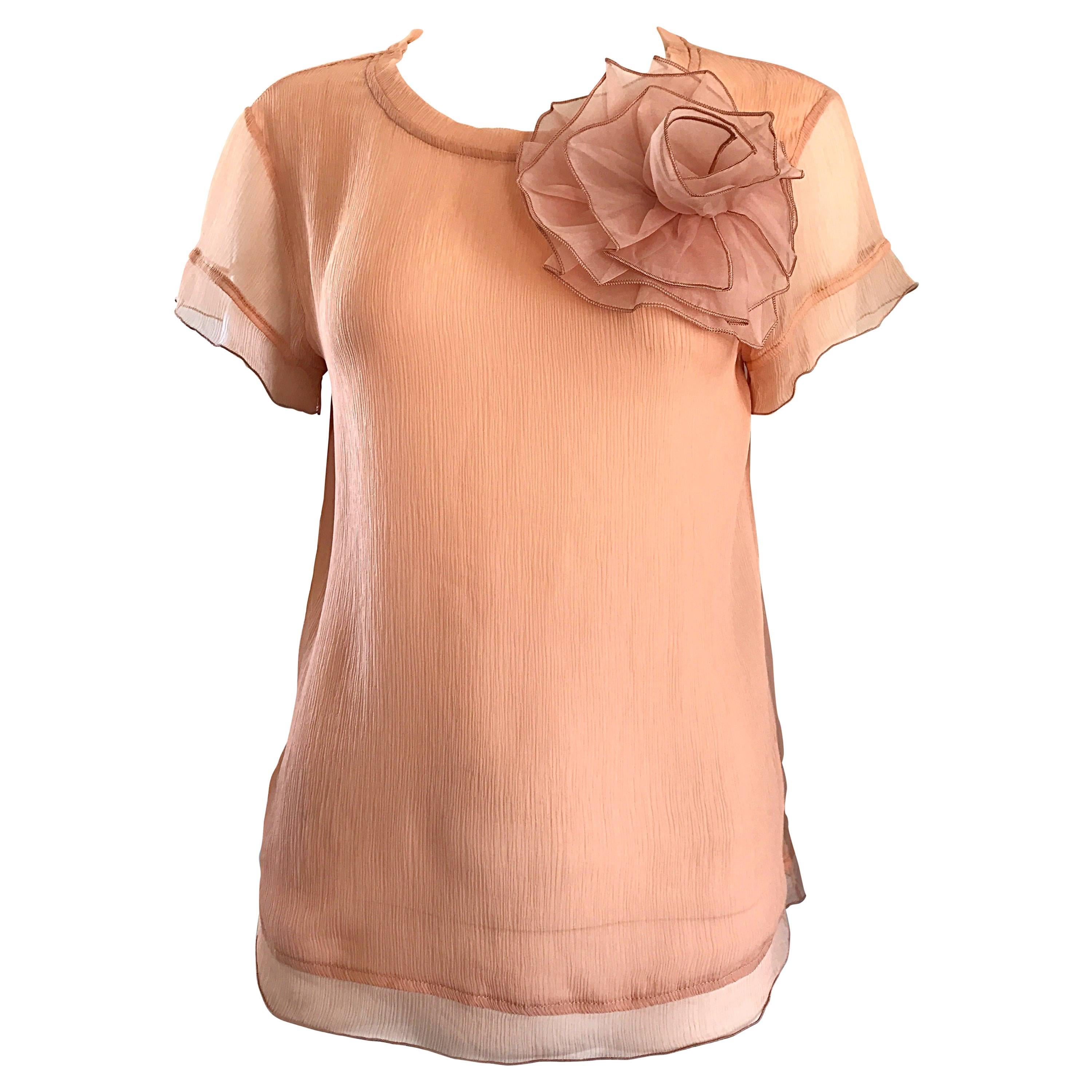 1990s Blumarine by Anna Molinari Light Pink Peach Chiffon Semi Sheer Blouse Top For Sale