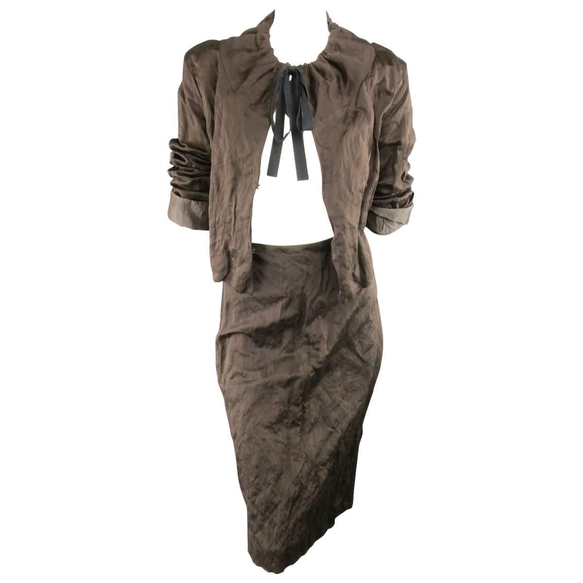 PRADA Spring 2009 8 Brown Wrinkled Cotton / Silk Blend Drawstring Skirt Suit