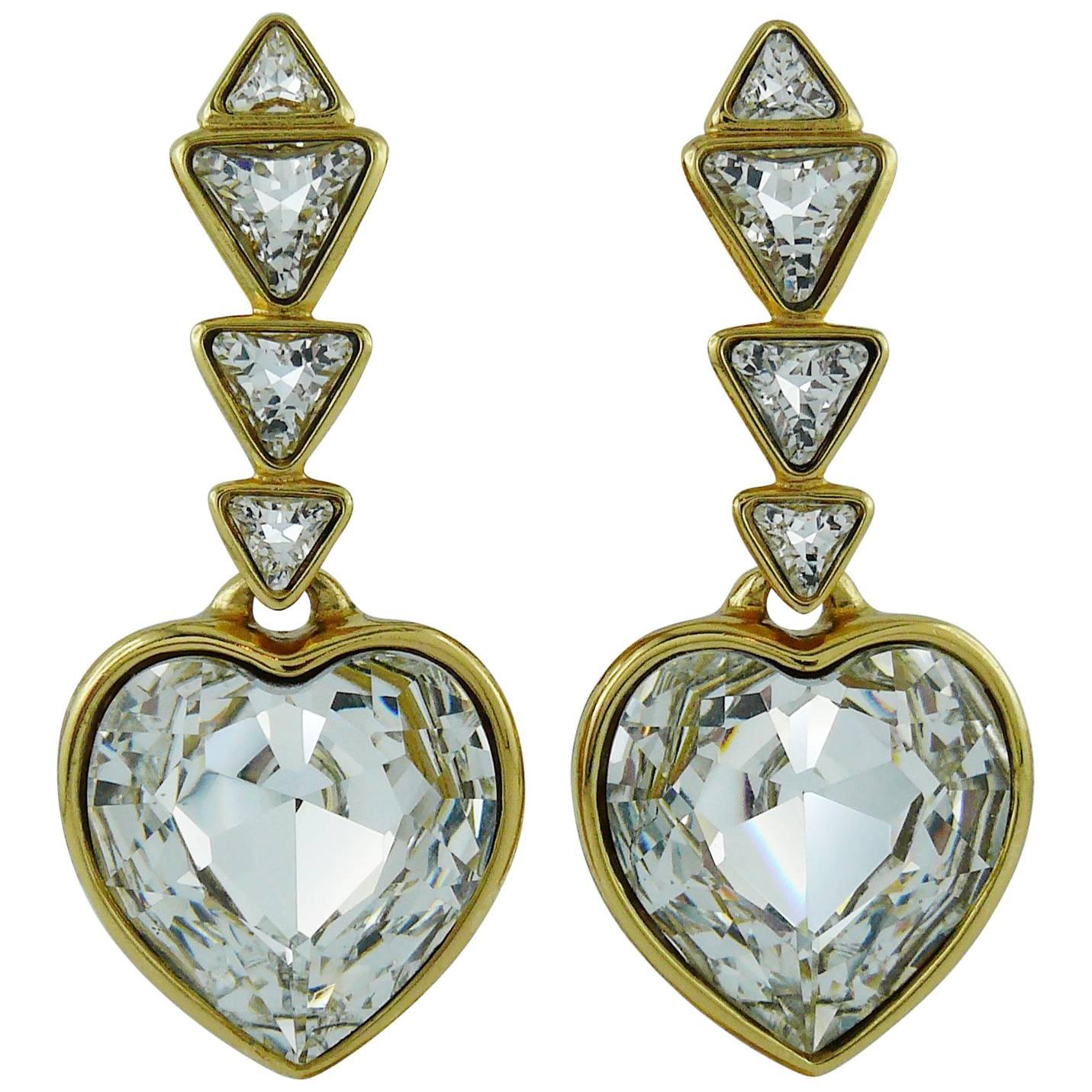 Yves Saint Laurent YSL Vintage Massive Diamante Heart Dangling Earrings