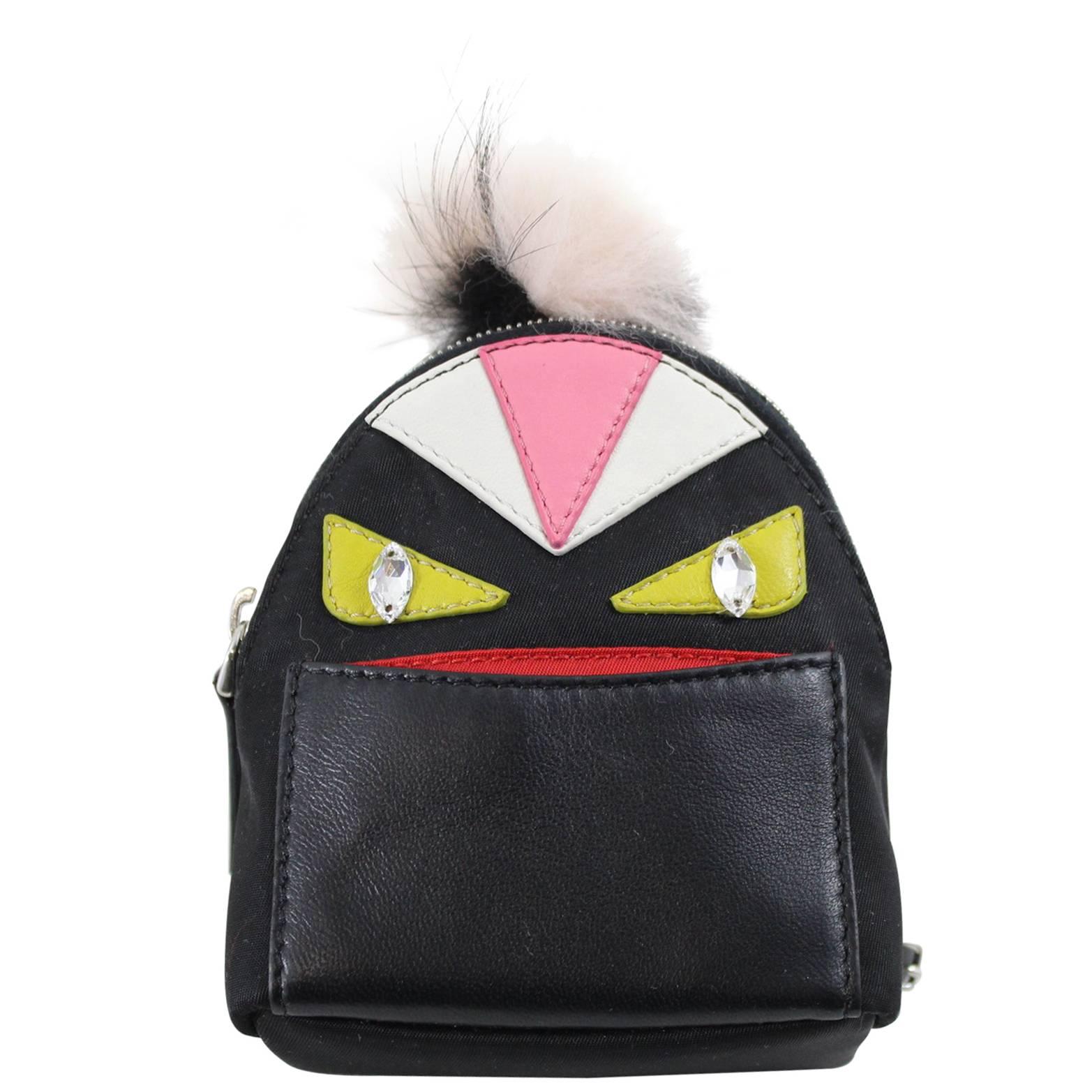 Fendi black nylon and leather Monster Charm' backpack key chain For Sale